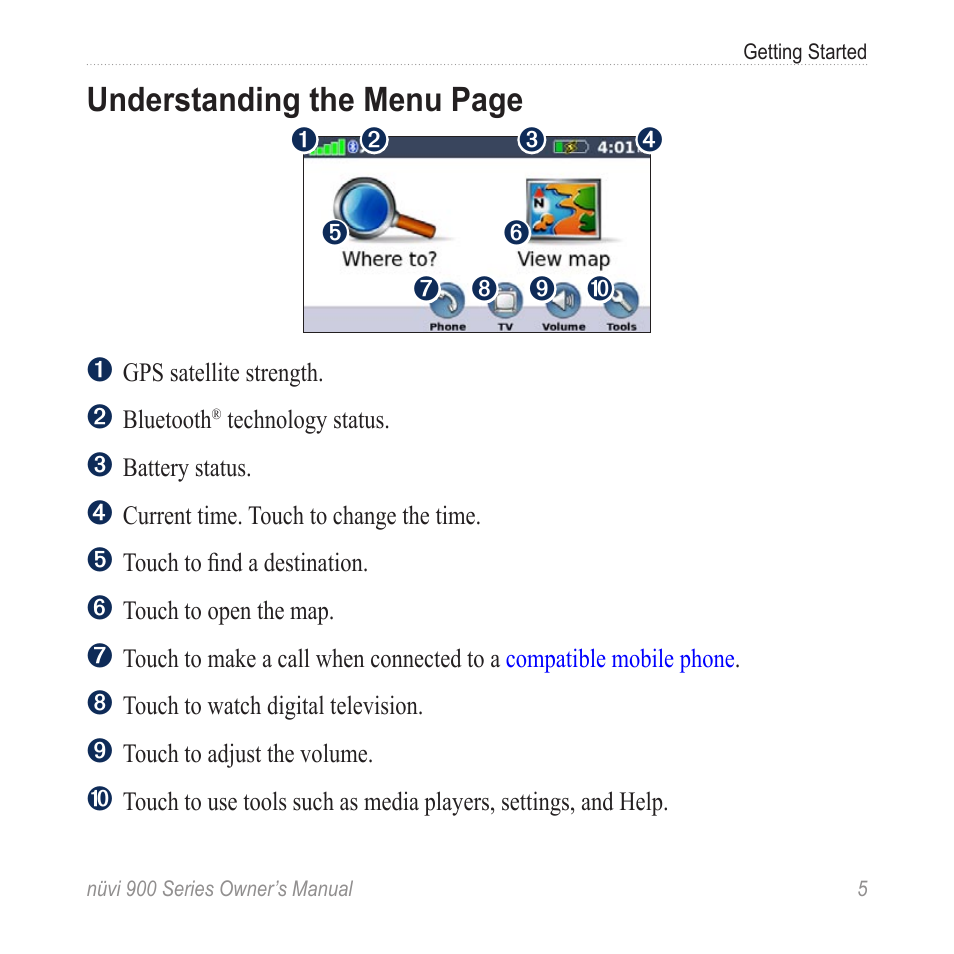 Understanding the menu page | Garmin nuvi 900T User Manual | Page 11 / 72