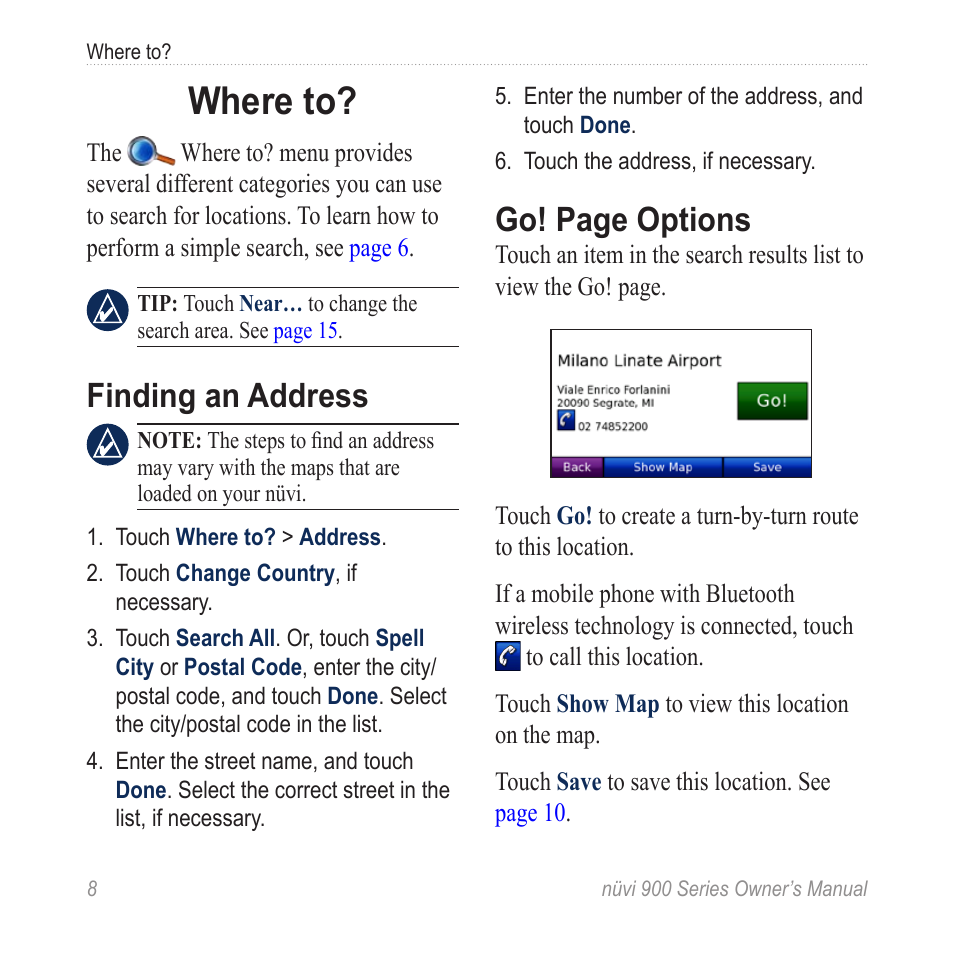 Where to, Finding an address, Go! page options | Garmin nuvi 900T User Manual | Page 14 / 72