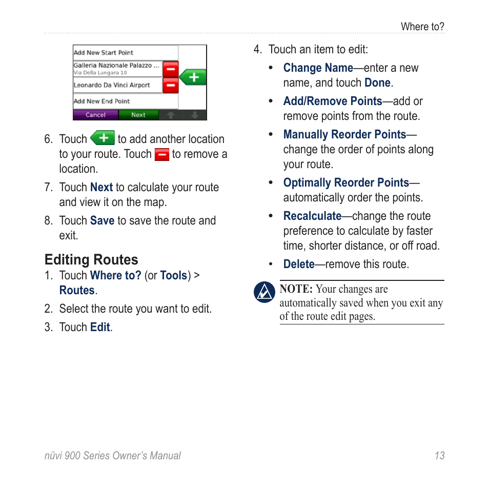 Editing routes | Garmin nuvi 900T User Manual | Page 19 / 72