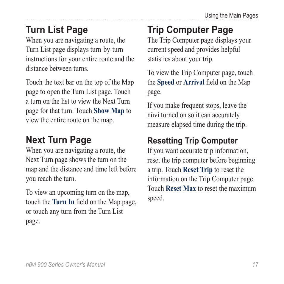 Turn list page, Next turn page, Trip computer page | Garmin nuvi 900T User Manual | Page 23 / 72