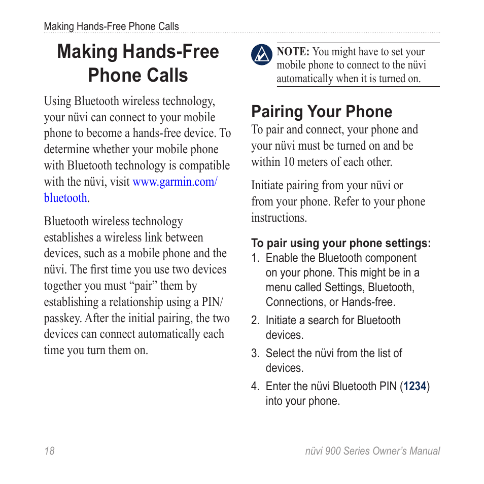 Making hands-free phone calls, Pairing your phone, Making hands-free phone | Calls | Garmin nuvi 900T User Manual | Page 24 / 72