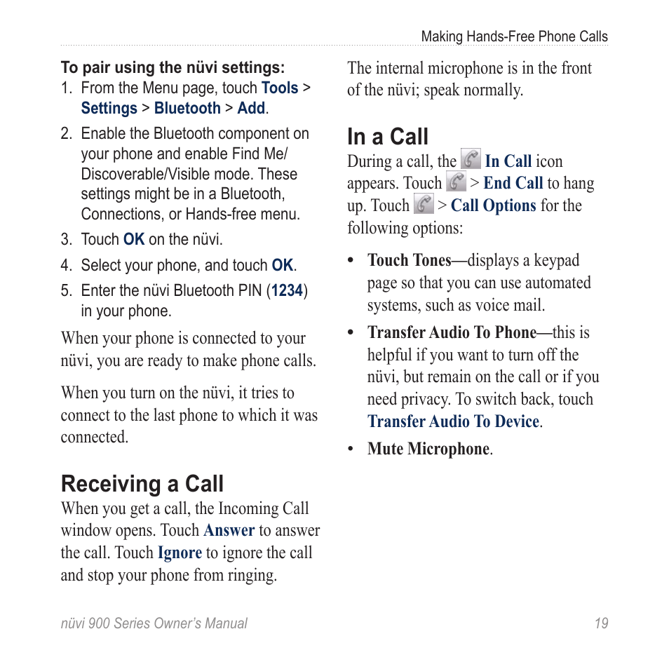 Receiving a call, In a call | Garmin nuvi 900T User Manual | Page 25 / 72