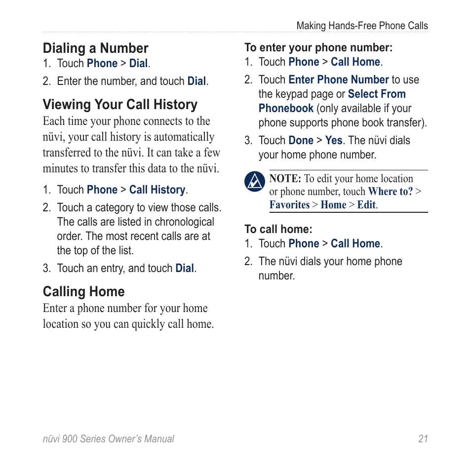 Dialing a number, Viewing your call history, Calling home | Garmin nuvi 900T User Manual | Page 27 / 72