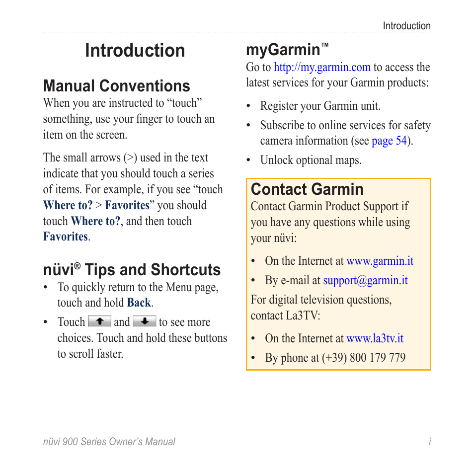 Introduction, Manual conventions, Nüvi® tips and shortcuts | Mygarmin, Contact garmin, Nüvi, Tips and shortcuts | Garmin nuvi 900T User Manual | Page 3 / 72