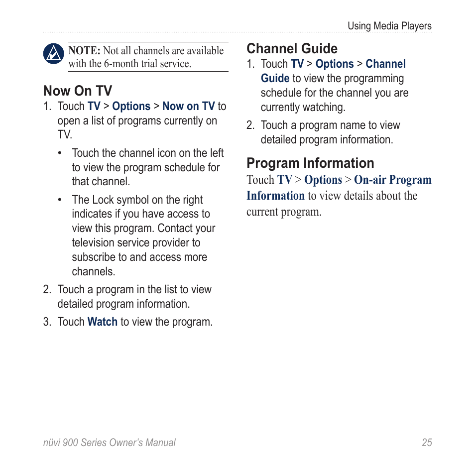 Now on tv, Channel guide, Program information | Garmin nuvi 900T User Manual | Page 31 / 72