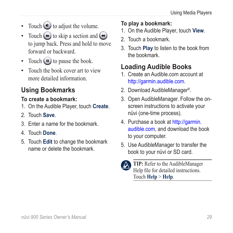 Using bookmarks, Loading audible books | Garmin nuvi 900T User Manual | Page 35 / 72