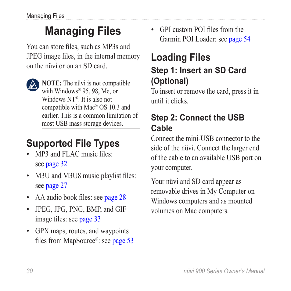 Managing files, Supported file types, Loading files | Garmin nuvi 900T User Manual | Page 36 / 72