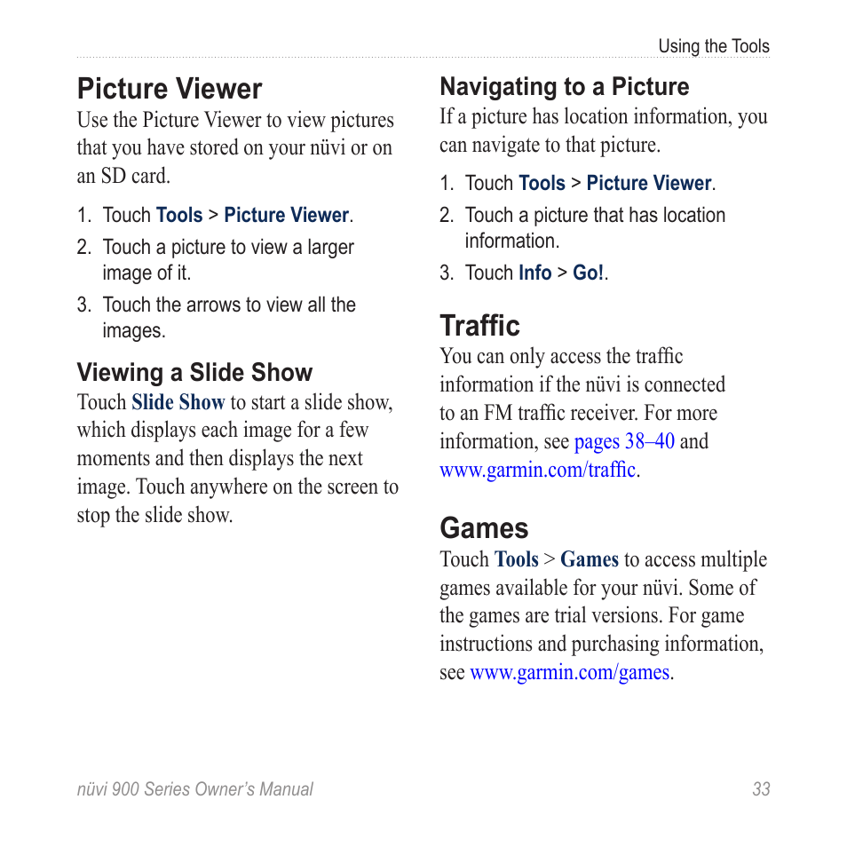 Picture viewer, Traffic, Games | Image files: see | Garmin nuvi 900T User Manual | Page 39 / 72