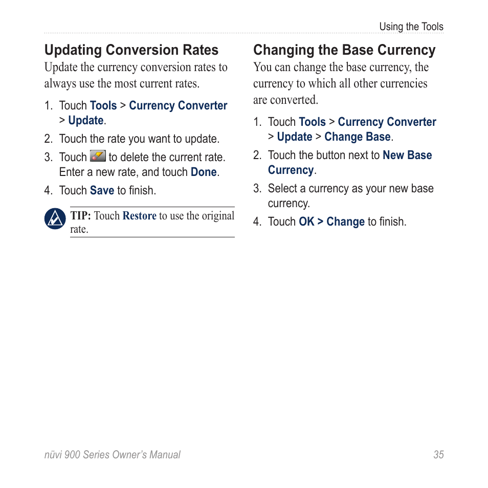 Updating conversion rates, Changing the base currency | Garmin nuvi 900T User Manual | Page 41 / 72