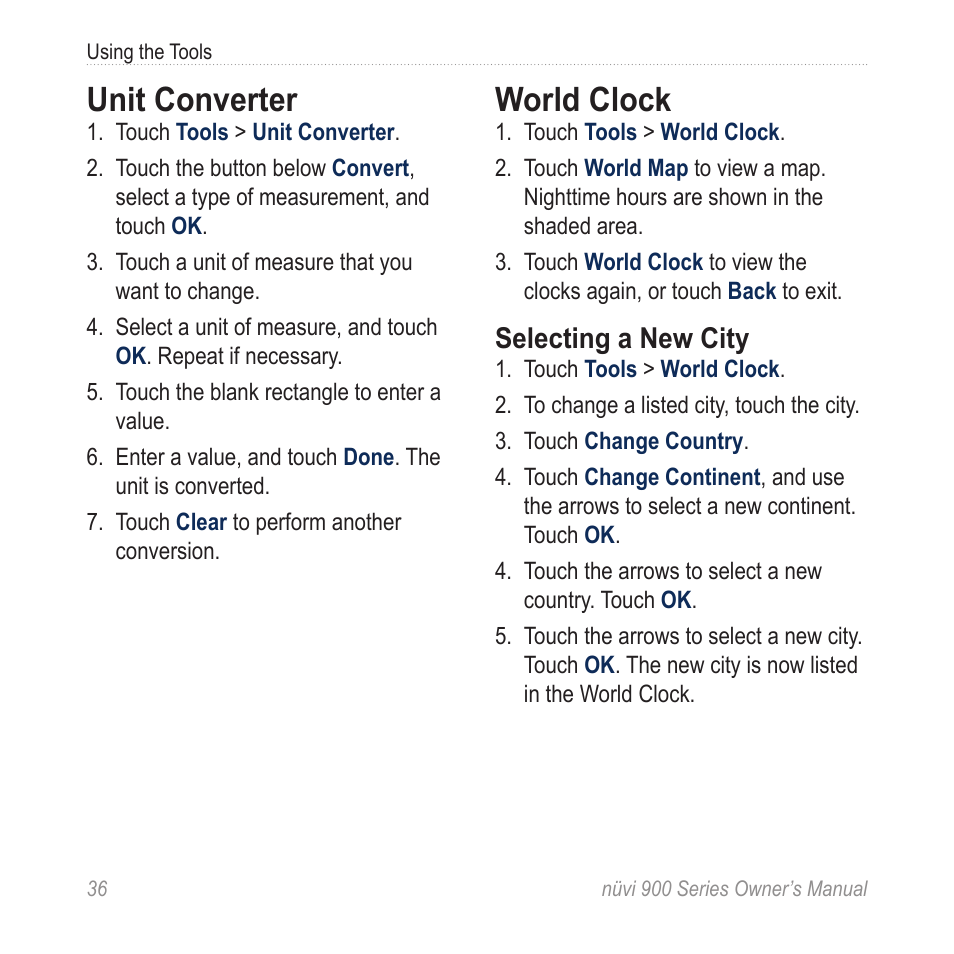 Unit converter, World clock, Selecting a new city | Garmin nuvi 900T User Manual | Page 42 / 72