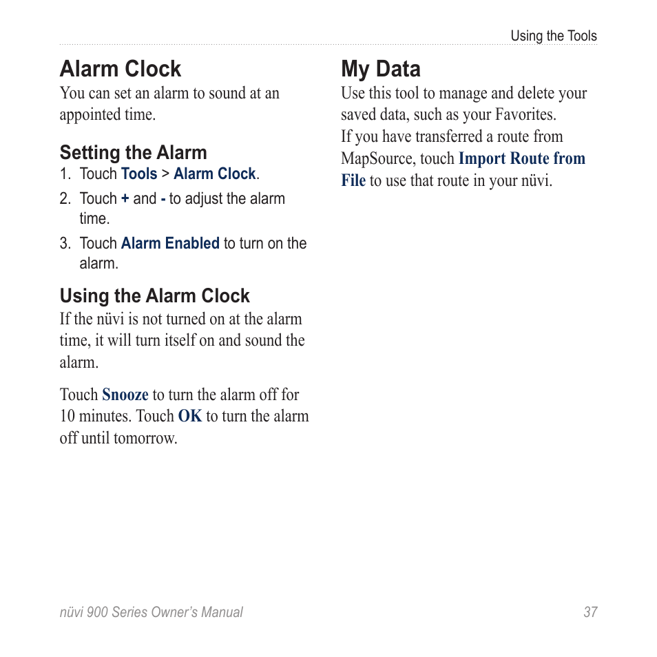 Alarm clock, My data | Garmin nuvi 900T User Manual | Page 43 / 72