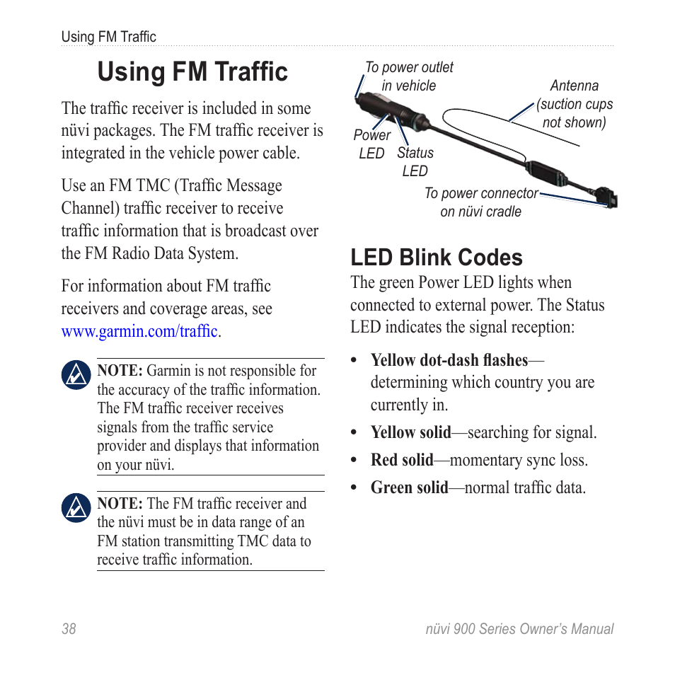 Using fm traffic, Led blink codes | Garmin nuvi 900T User Manual | Page 44 / 72