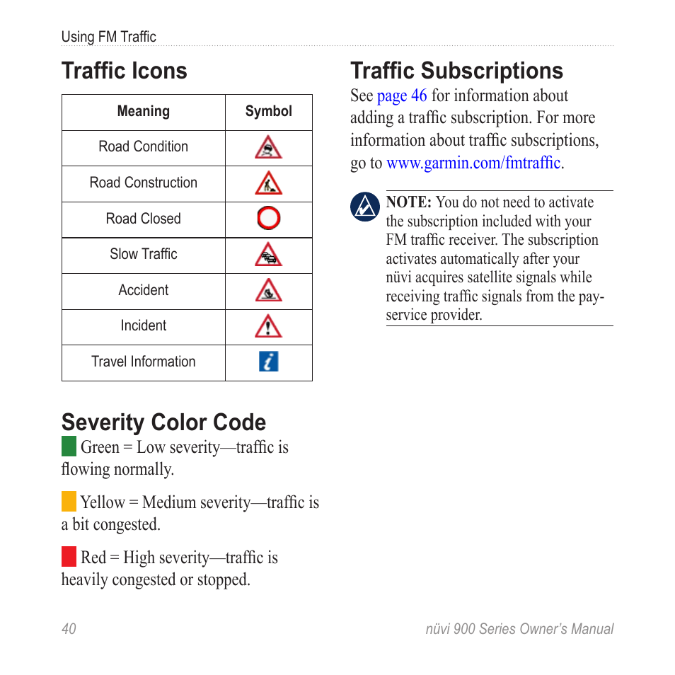 Traffic icons, Severity color code, Traffic subscriptions | Garmin nuvi 900T User Manual | Page 46 / 72