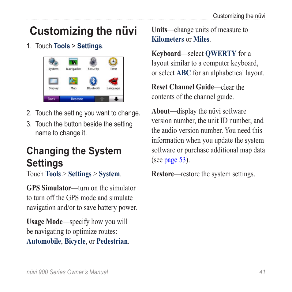 Customizing the nüvi, Changing the system settings | Garmin nuvi 900T User Manual | Page 47 / 72