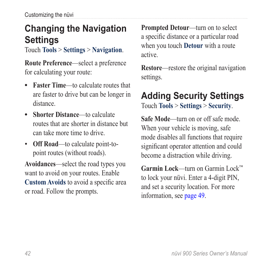 Changing the navigation settings, Adding security settings | Garmin nuvi 900T User Manual | Page 48 / 72