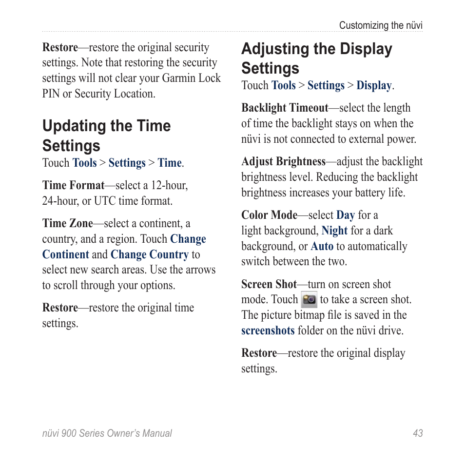 Updating the time settings, Adjusting the display settings | Garmin nuvi 900T User Manual | Page 49 / 72