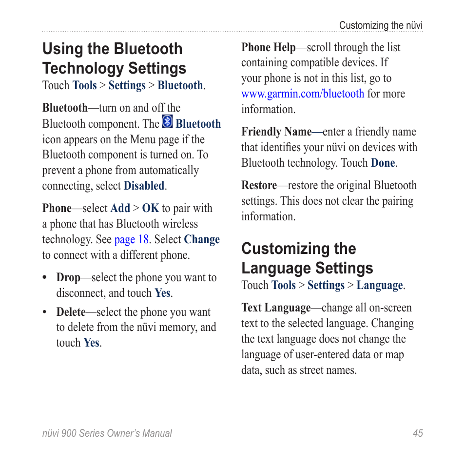 Using the bluetooth technology settings, Customizing the language settings, Using the bluetooth technology | Settings, Customizing the language, Sms/text messages; see | Garmin nuvi 900T User Manual | Page 51 / 72