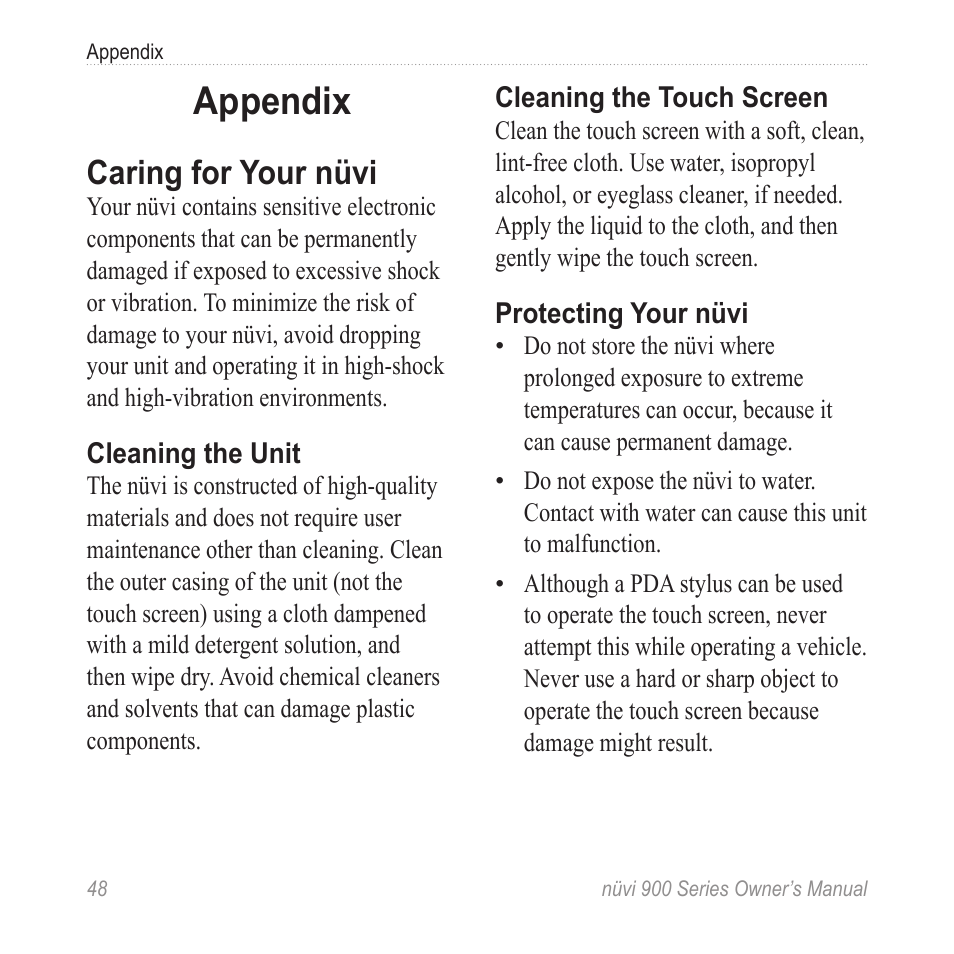 Appendix, Caring for your nüvi | Garmin nuvi 900T User Manual | Page 54 / 72