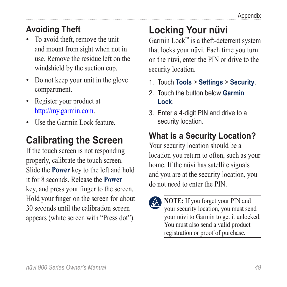 Calibrating the screen, Locking your nüvi | Garmin nuvi 900T User Manual | Page 55 / 72