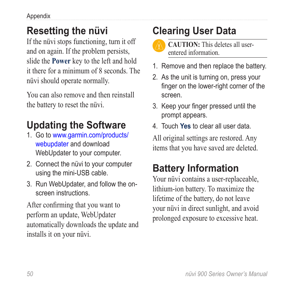 Resetting the nüvi, Updating the software, Clearing user data | Battery information | Garmin nuvi 900T User Manual | Page 56 / 72