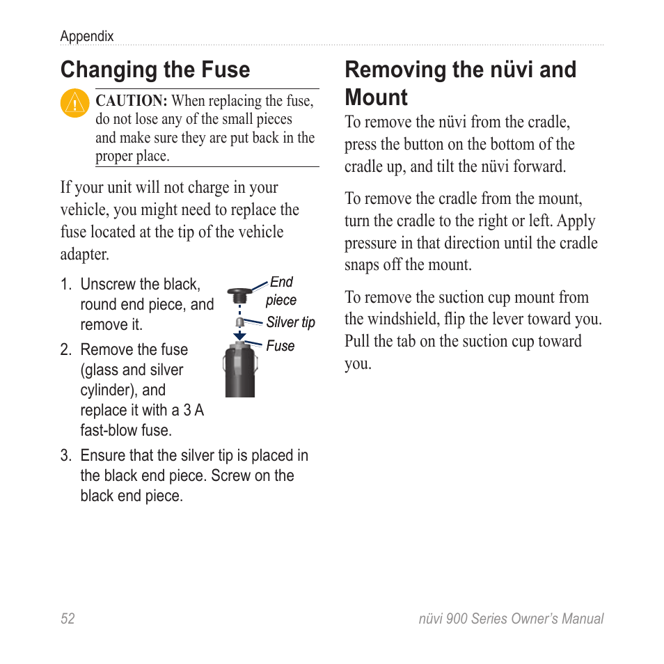 Changing the fuse, Removing the nüvi and mount | Garmin nuvi 900T User Manual | Page 58 / 72