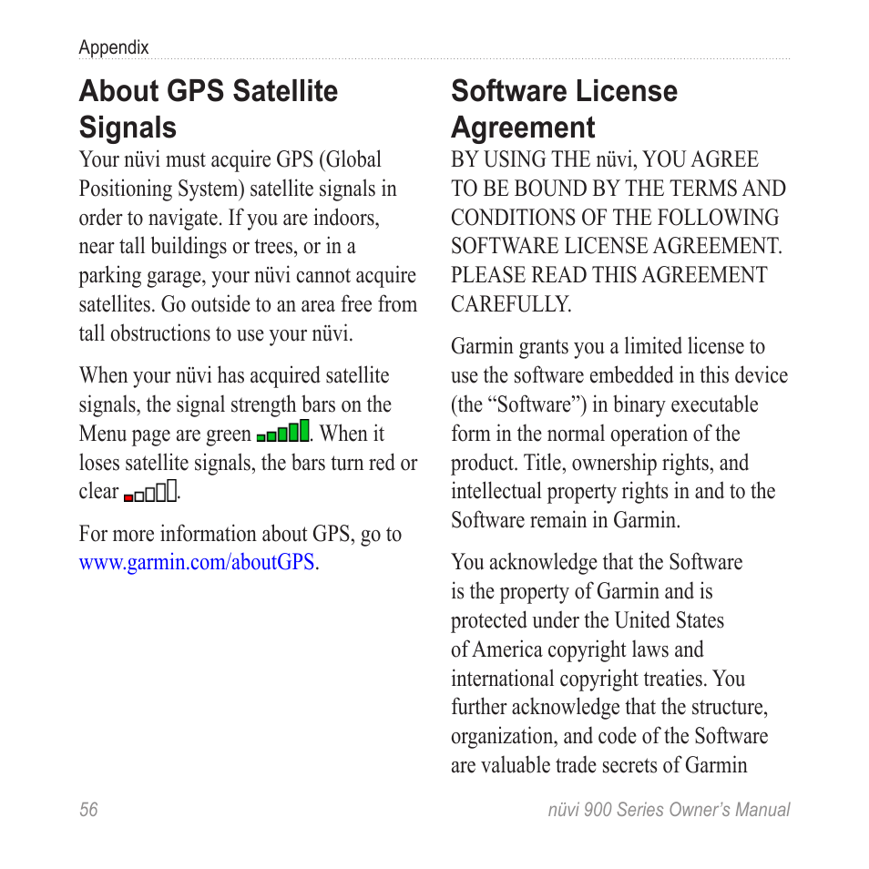 About gps satellite signals, Software license agreement | Garmin nuvi 900T User Manual | Page 62 / 72