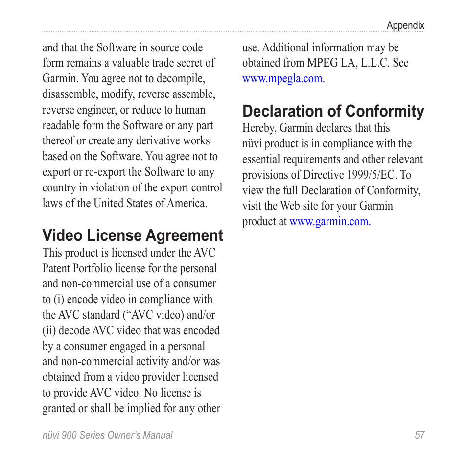 Video license agreement, Declaration of conformity | Garmin nuvi 900T User Manual | Page 63 / 72