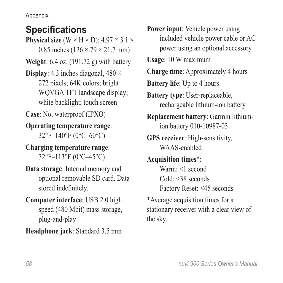 Specifications | Garmin nuvi 900T User Manual | Page 64 / 72