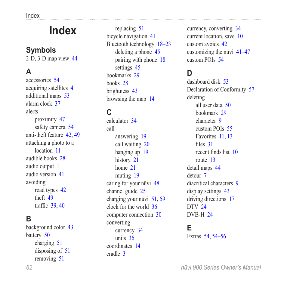 Index, Symbols | Garmin nuvi 900T User Manual | Page 68 / 72