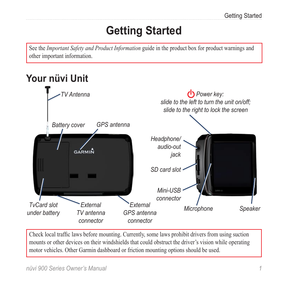 Getting started, Your nüvi unit | Garmin nuvi 900T User Manual | Page 7 / 72