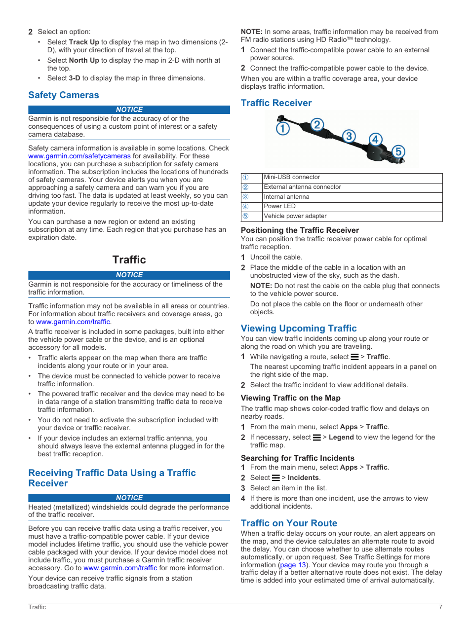 Safety cameras, Traffic, Receiving traffic data using a traffic receiver | Traffic receiver, Positioning the traffic receiver, Viewing upcoming traffic, Viewing traffic on the map, Searching for traffic incidents, Traffic on your route | Garmin nuvi 2798LMTD User Manual | Page 11 / 22