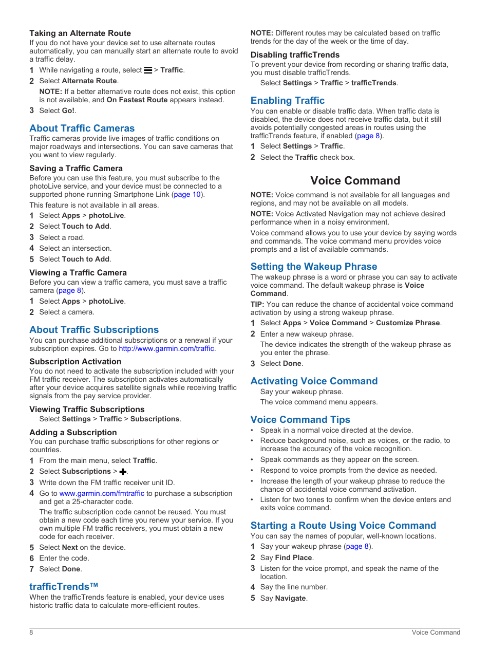 Taking an alternate route, About traffic cameras, Saving a traffic camera | Viewing a traffic camera, About traffic subscriptions, Subscription activation, Viewing traffic subscriptions, Adding a subscription, Traffictrends, Disabling traffictrends | Garmin nuvi 2798LMTD User Manual | Page 12 / 22