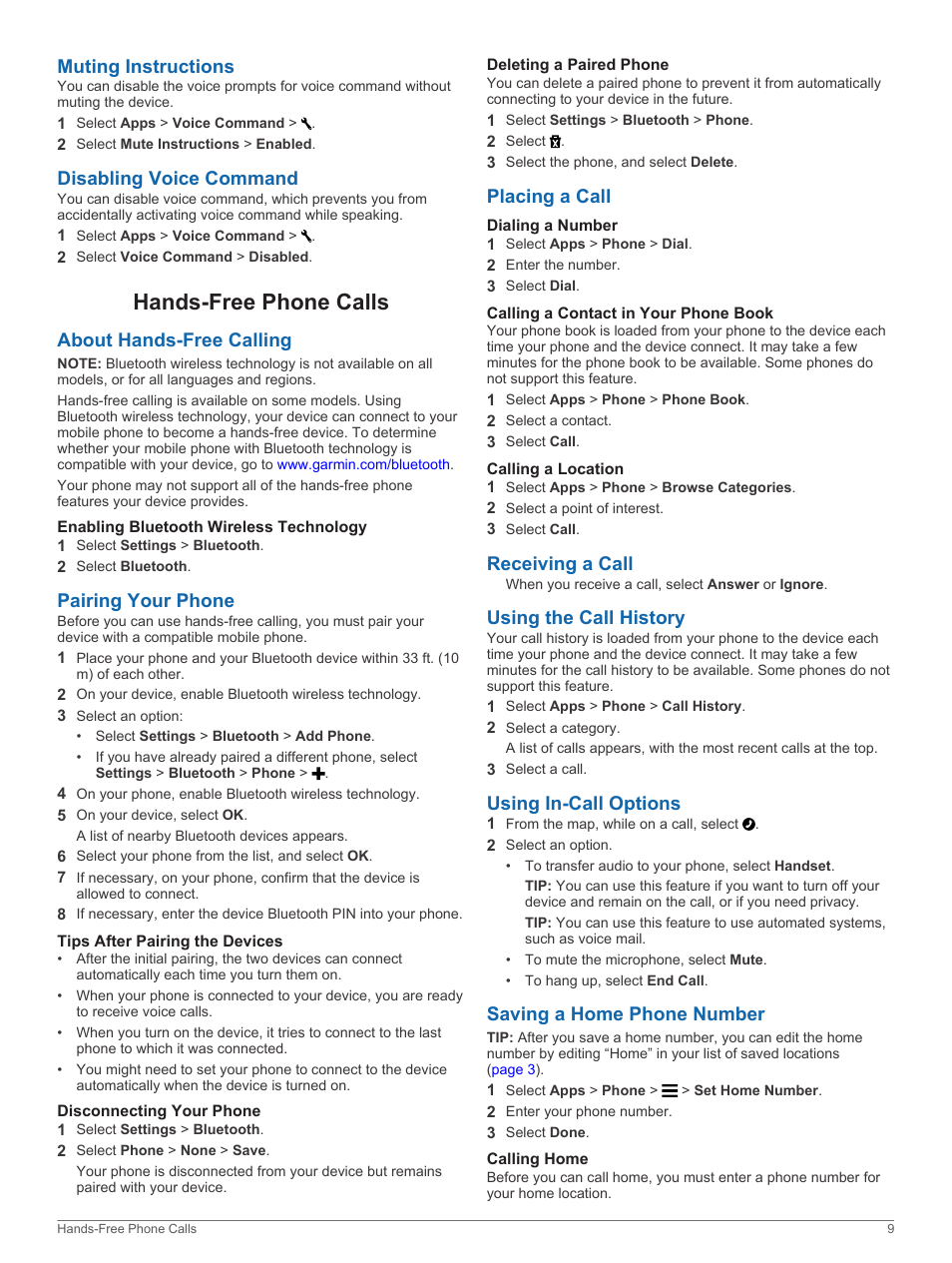 Muting instructions, Disabling voice command, Hands-free phone calls | About hands-free calling, Enabling bluetooth wireless technology, Pairing your phone, Tips after pairing the devices, Disconnecting your phone, Deleting a paired phone, Placing a call | Garmin nuvi 2798LMTD User Manual | Page 13 / 22