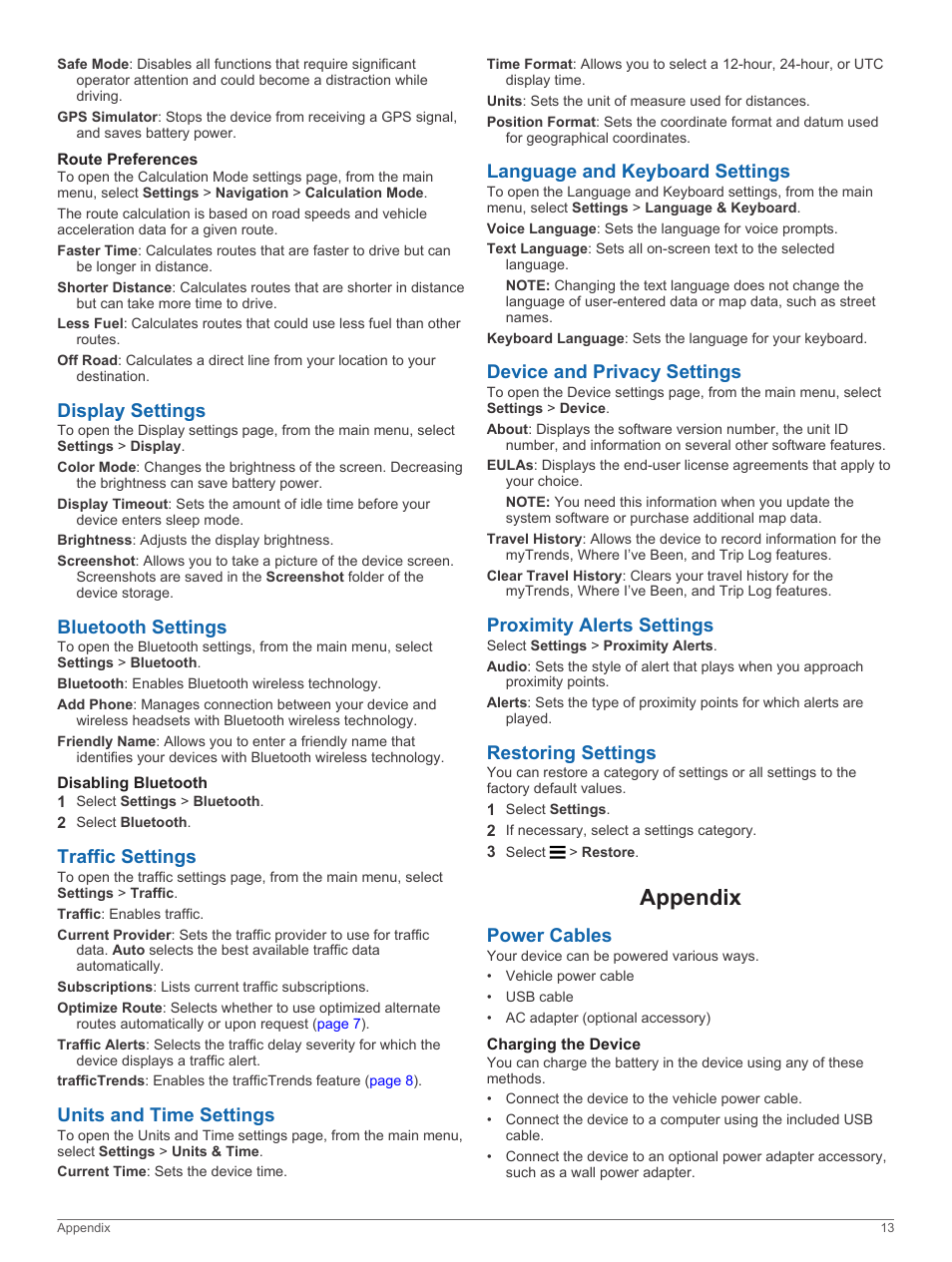 Route preferences, Display settings, Bluetooth settings | Disabling bluetooth, Traffic settings, Units and time settings, Language and keyboard settings, Device and privacy settings, Proximity alerts settings, Restoring settings | Garmin nuvi 2798LMTD User Manual | Page 17 / 22