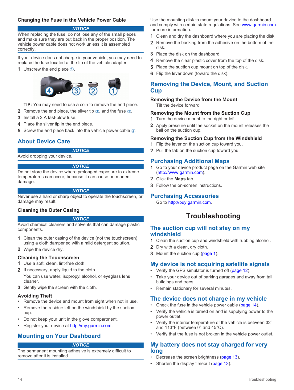 Changing the fuse in the vehicle power cable, About device care, Cleaning the outer casing | Cleaning the touchscreen, Avoiding theft, Mounting on your dashboard, Removing the device, mount, and suction cup, Removing the device from the mount, Removing the mount from the suction cup, Removing the suction cup from the windshield | Garmin nuvi 2798LMTD User Manual | Page 18 / 22