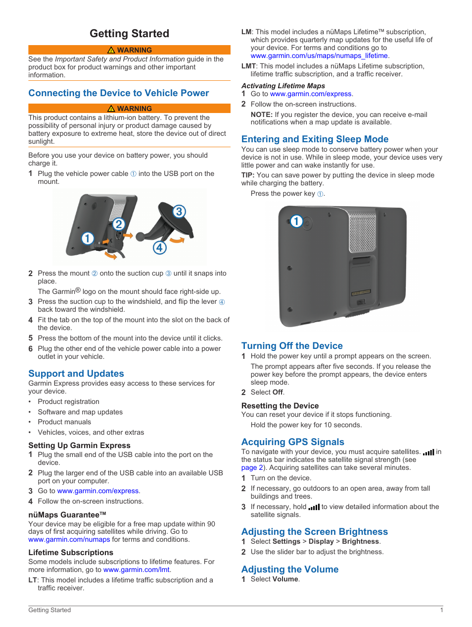 Getting started, Connecting the device to vehicle power, Support and updates | Setting up garmin express, Nümaps guarantee, Lifetime subscriptions, Activating lifetime maps, Entering and exiting sleep mode, Turning off the device, Resetting the device | Garmin nuvi 2798LMTD User Manual | Page 5 / 22