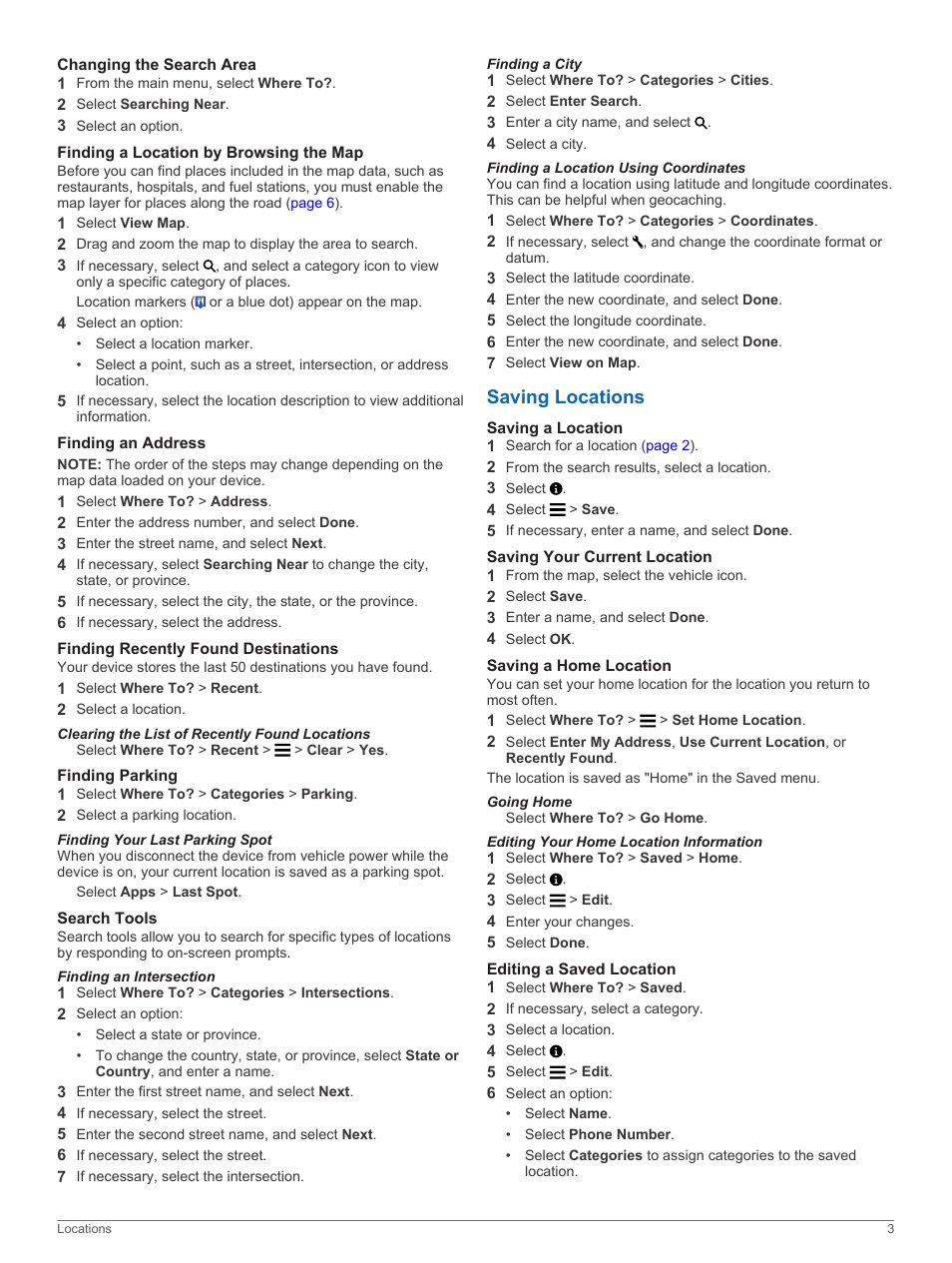 Changing the search area, Finding a location by browsing the map, Finding an address | Finding recently found destinations, Clearing the list of recently found locations, Finding parking, Finding your last parking spot, Search tools, Finding an intersection, Finding a city | Garmin nuvi 2798LMTD User Manual | Page 7 / 22