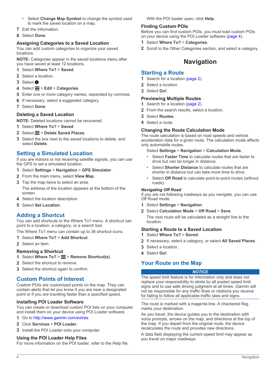 Assigning categories to a saved location, Deleting a saved location, Setting a simulated location | Adding a shortcut, Removing a shortcut, Custom points of interest, Installing poi loader software, Using the poi loader help files, Finding custom pois, Navigation | Garmin nuvi 2798LMTD User Manual | Page 8 / 22
