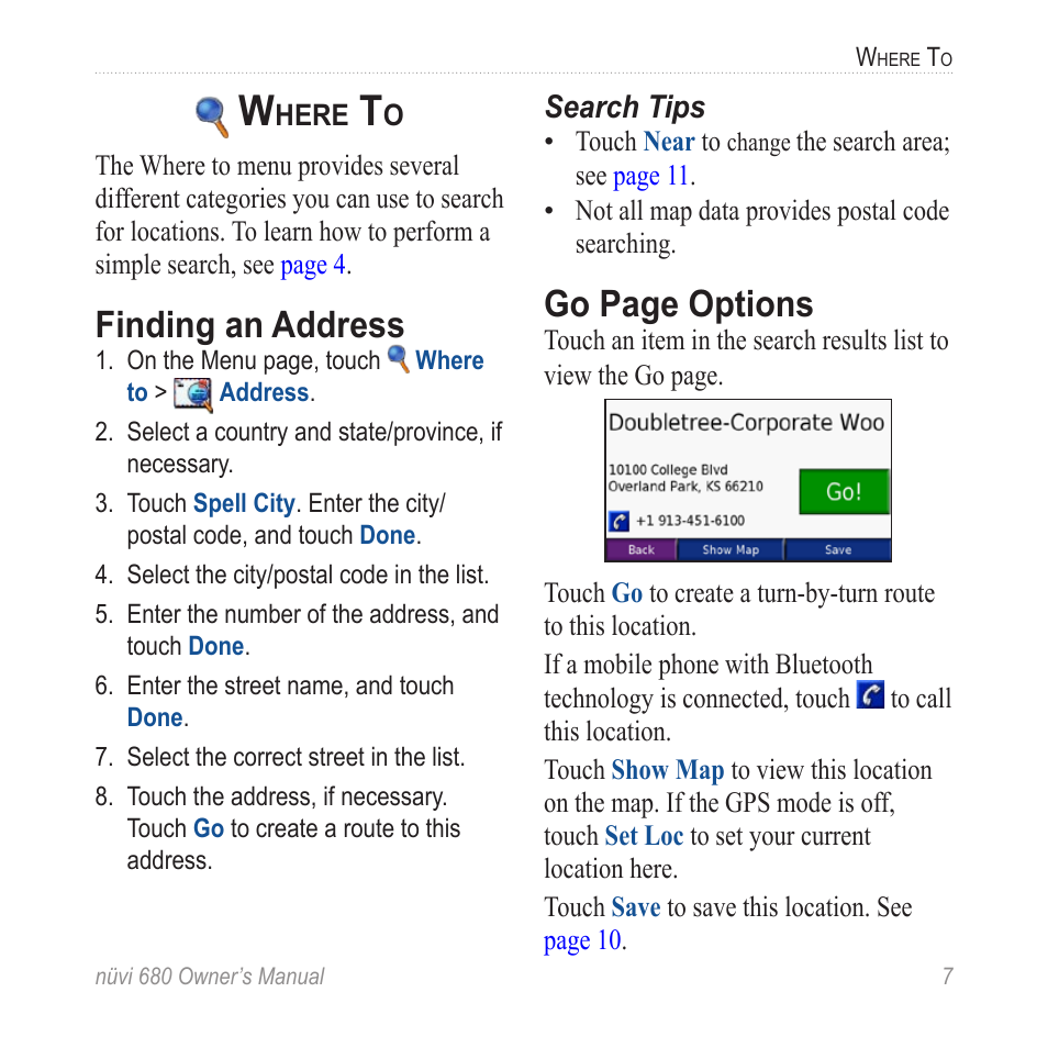 Where to, Finding an address, Go page options | Garmin nuvi 680 User Manual | Page 15 / 60