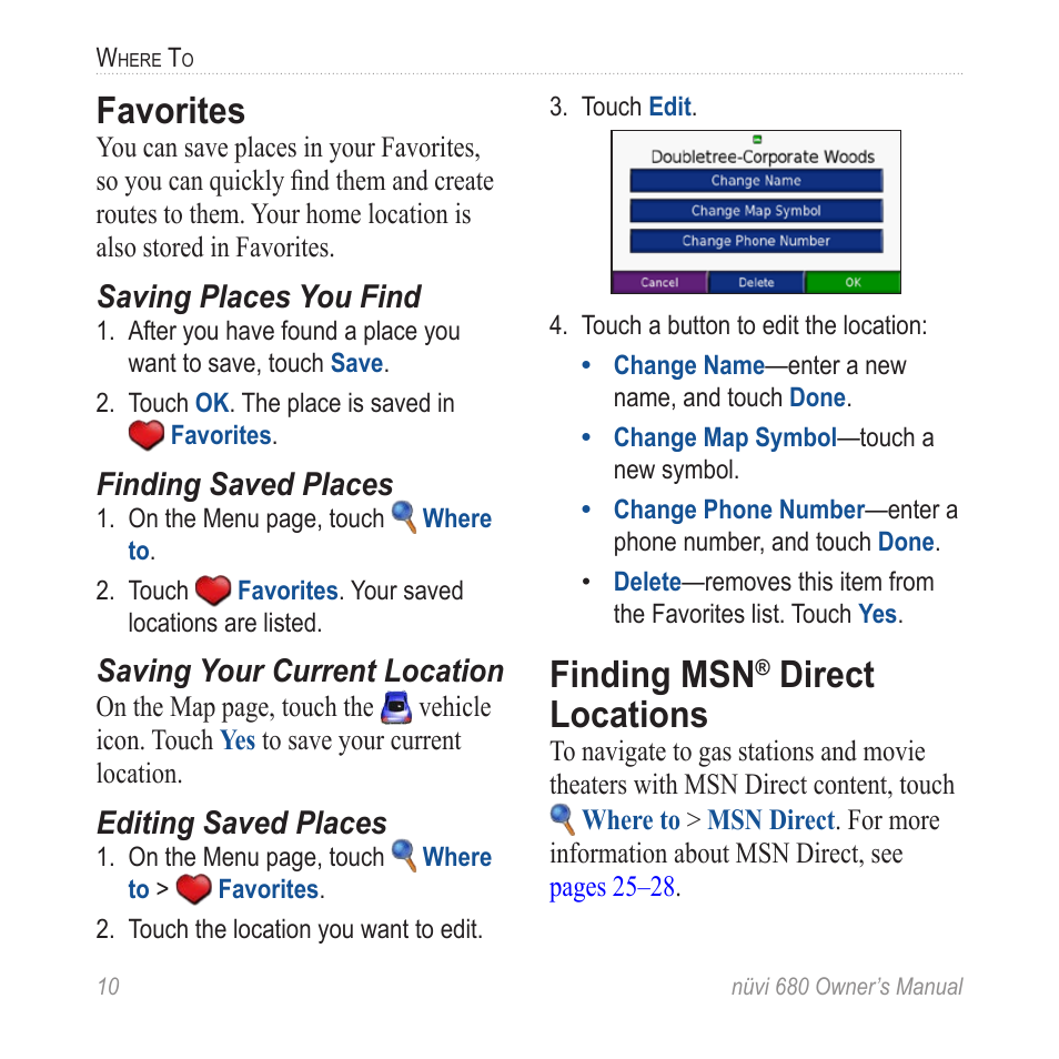 Favorites, Finding msn® direct locations, Finding msn | Direct locations, Direct l�ocations | Garmin nuvi 680 User Manual | Page 18 / 60