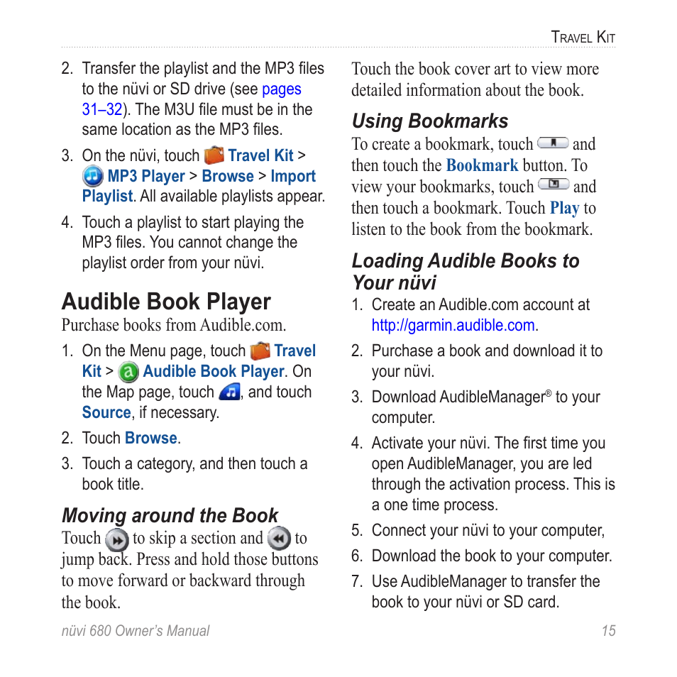 Audible book player, Moving around the book, Using bookmarks | Loading audible books to your nüvi | Garmin nuvi 680 User Manual | Page 23 / 60