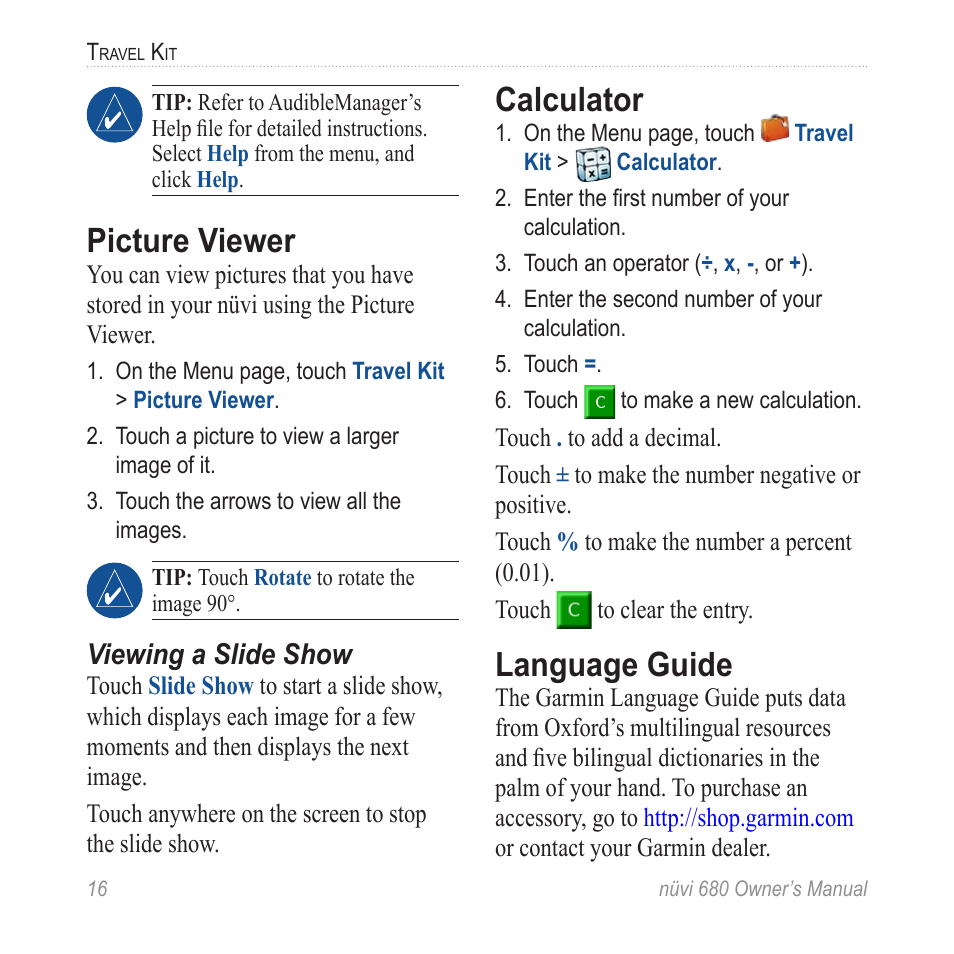 Picture viewer, Calculator, Language guide | L�anguage guide | Garmin nuvi 680 User Manual | Page 24 / 60