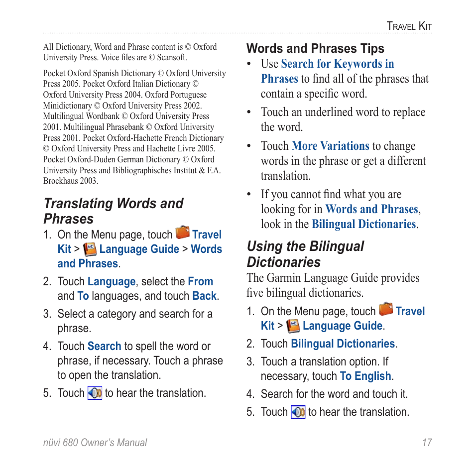 Translating words and phrases, Using the bilingual dictionaries | Garmin nuvi 680 User Manual | Page 25 / 60
