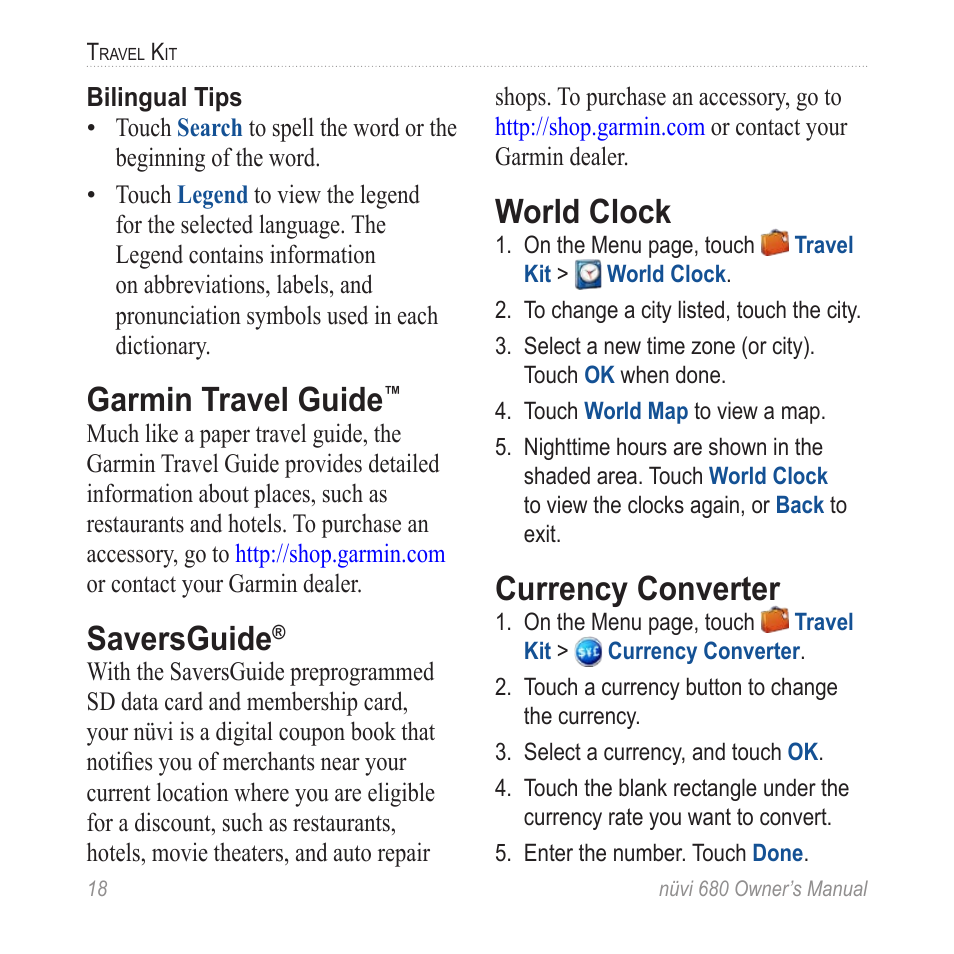 Garmin travel guide, Saversguide, World clock | Currency converter | Garmin nuvi 680 User Manual | Page 26 / 60