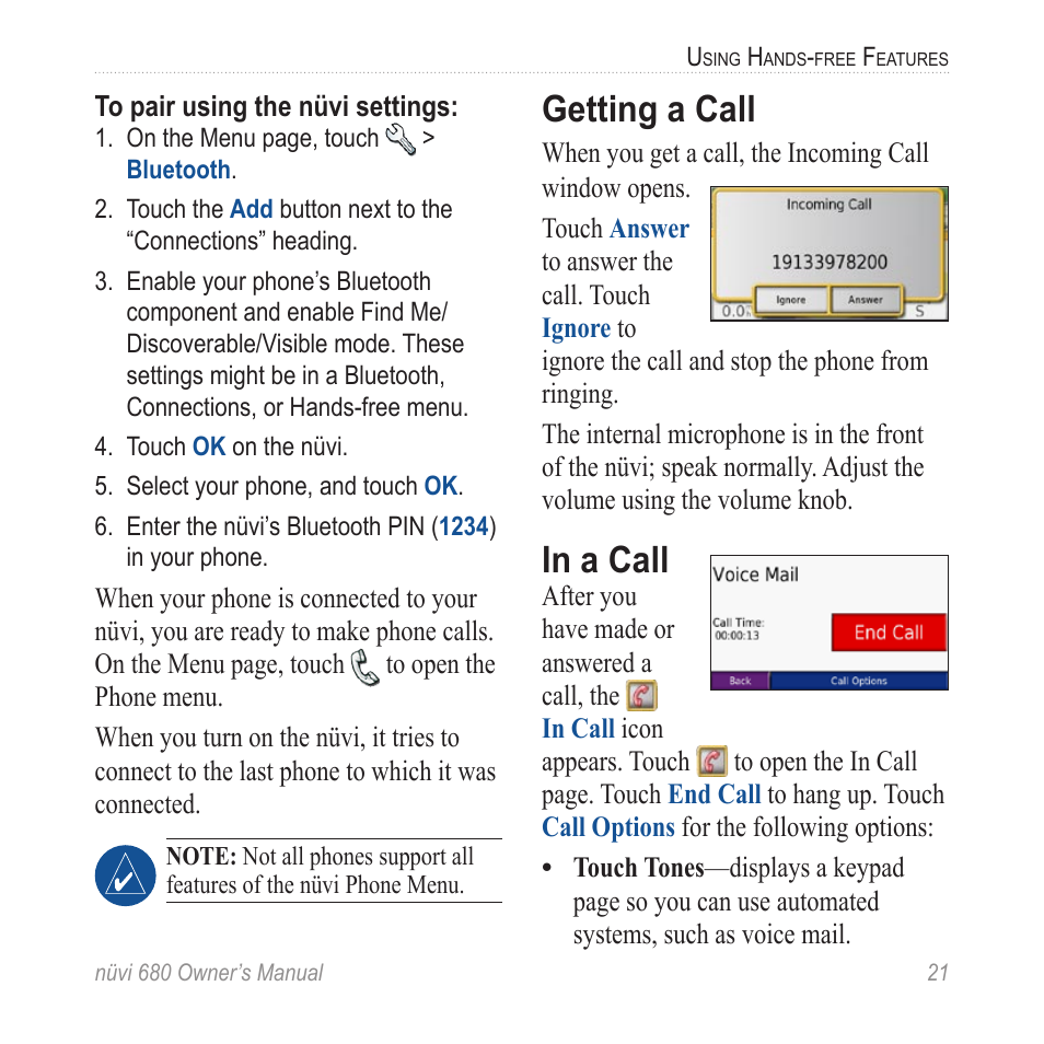 Getting a call, In a call | Garmin nuvi 680 User Manual | Page 29 / 60