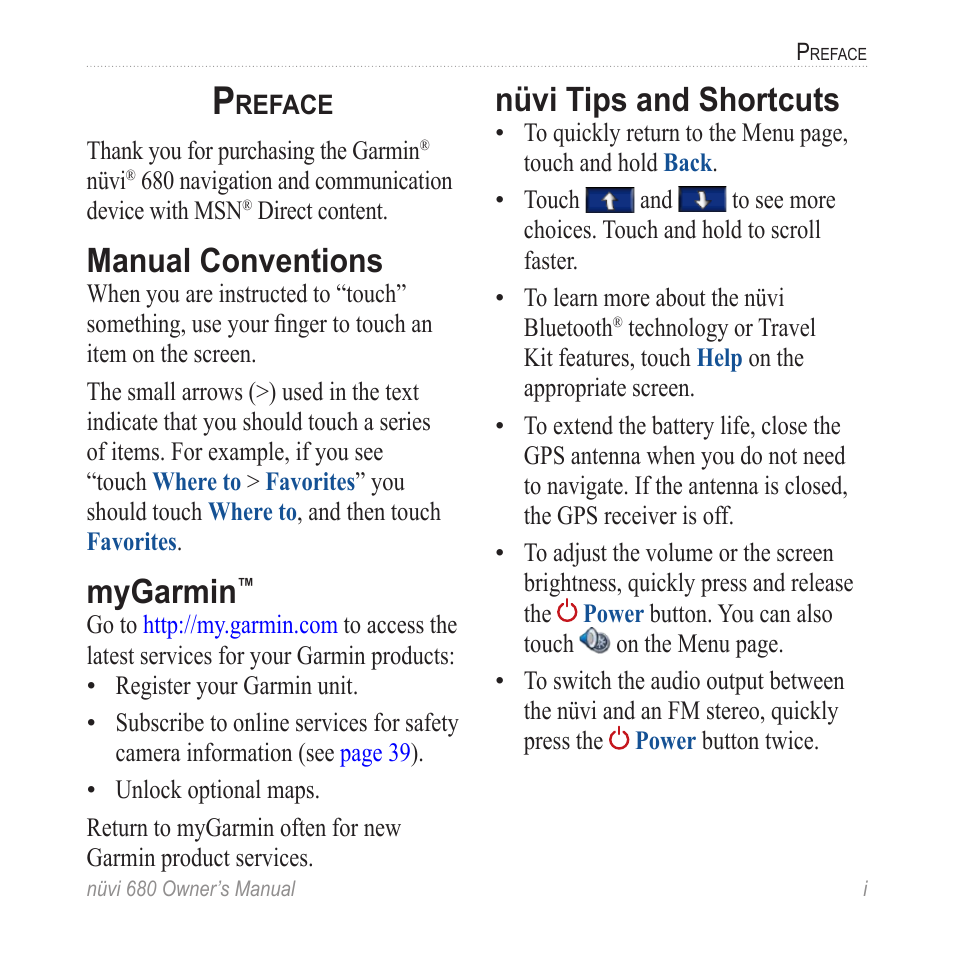 Preface, Manual conventions, Mygarmin | Nüvi tips and shortcuts | Garmin nuvi 680 User Manual | Page 3 / 60