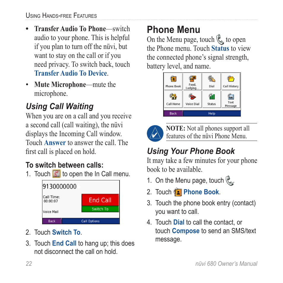 Phone menu, Using call waiting, Using your phone book | Garmin nuvi 680 User Manual | Page 30 / 60