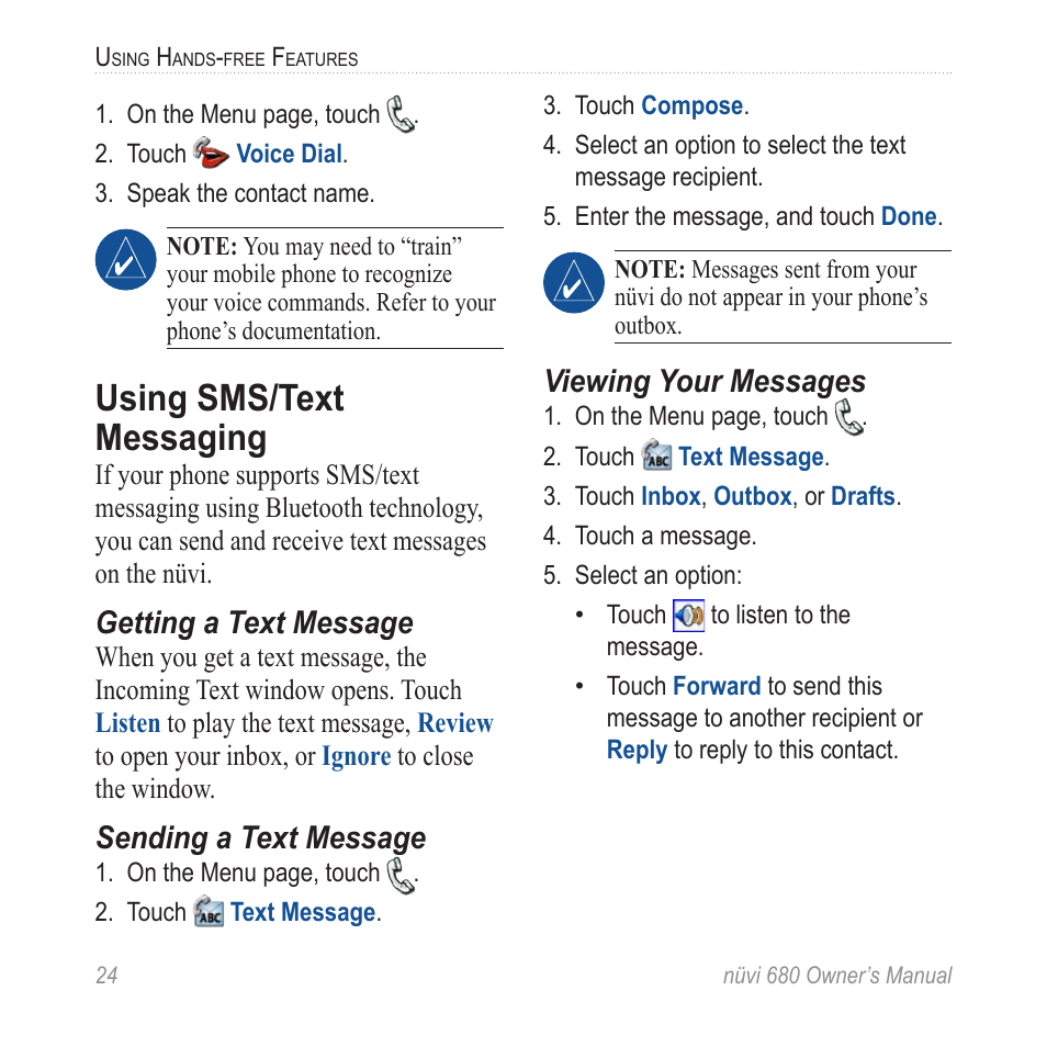 Using sms/text messaging, Getting a text message, Sending a text message | Viewing your messages | Garmin nuvi 680 User Manual | Page 32 / 60