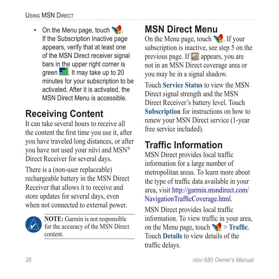 Receiving content, Msn direct menu, Traffic information | Garmin nuvi 680 User Manual | Page 34 / 60