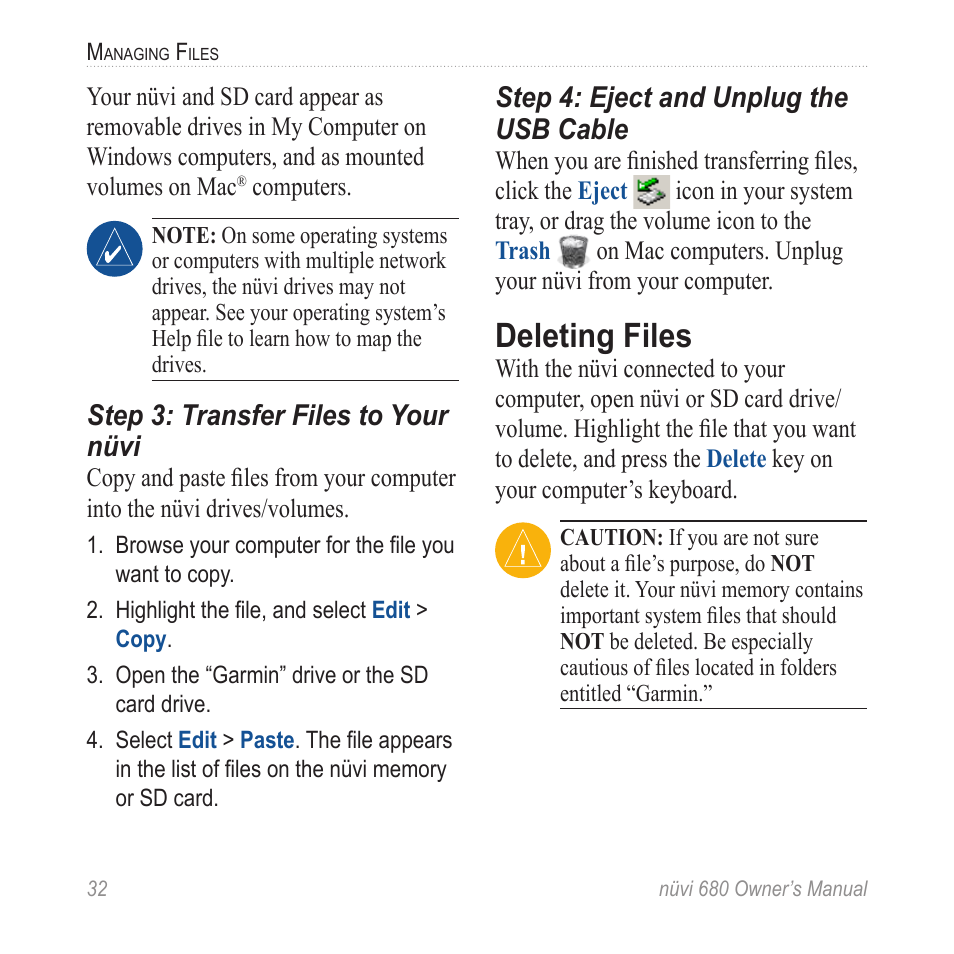 Deleting files, Step 3: transfer files to your nüvi, Step 4: eject and unplug the usb cable | Garmin nuvi 680 User Manual | Page 40 / 60
